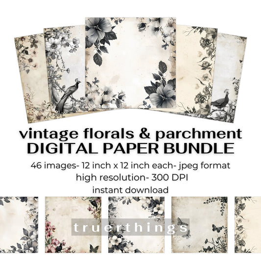Vintage Florals Digital Paper Bundle Floral Parchment Black Borders Antique Printable Paper Card-making Stationery Vanilla Girl Aesthetic