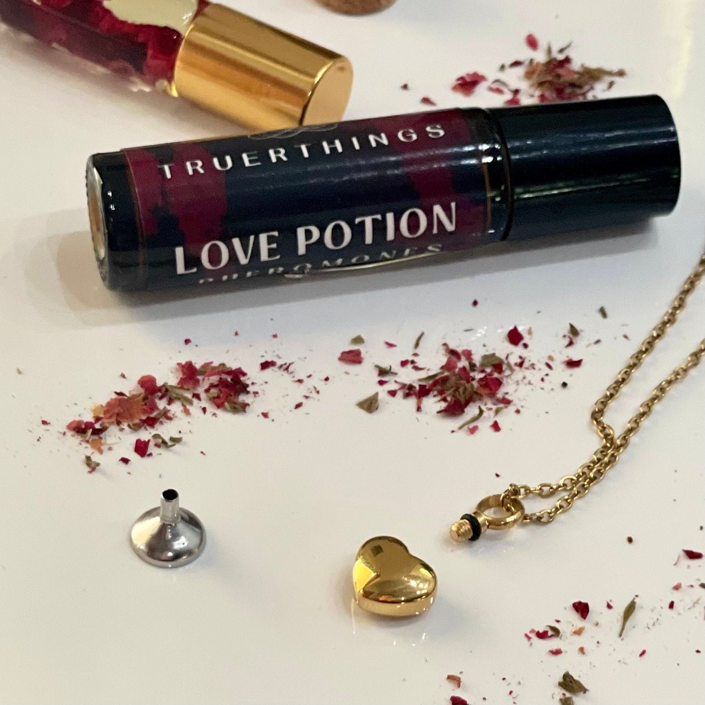 Love Potion Perfume Necklace- Amulet Heart Locket Talisman to Attract Him, Pheromone Oil Ritual Gold Spell Charm, Law of Attraction Manifest