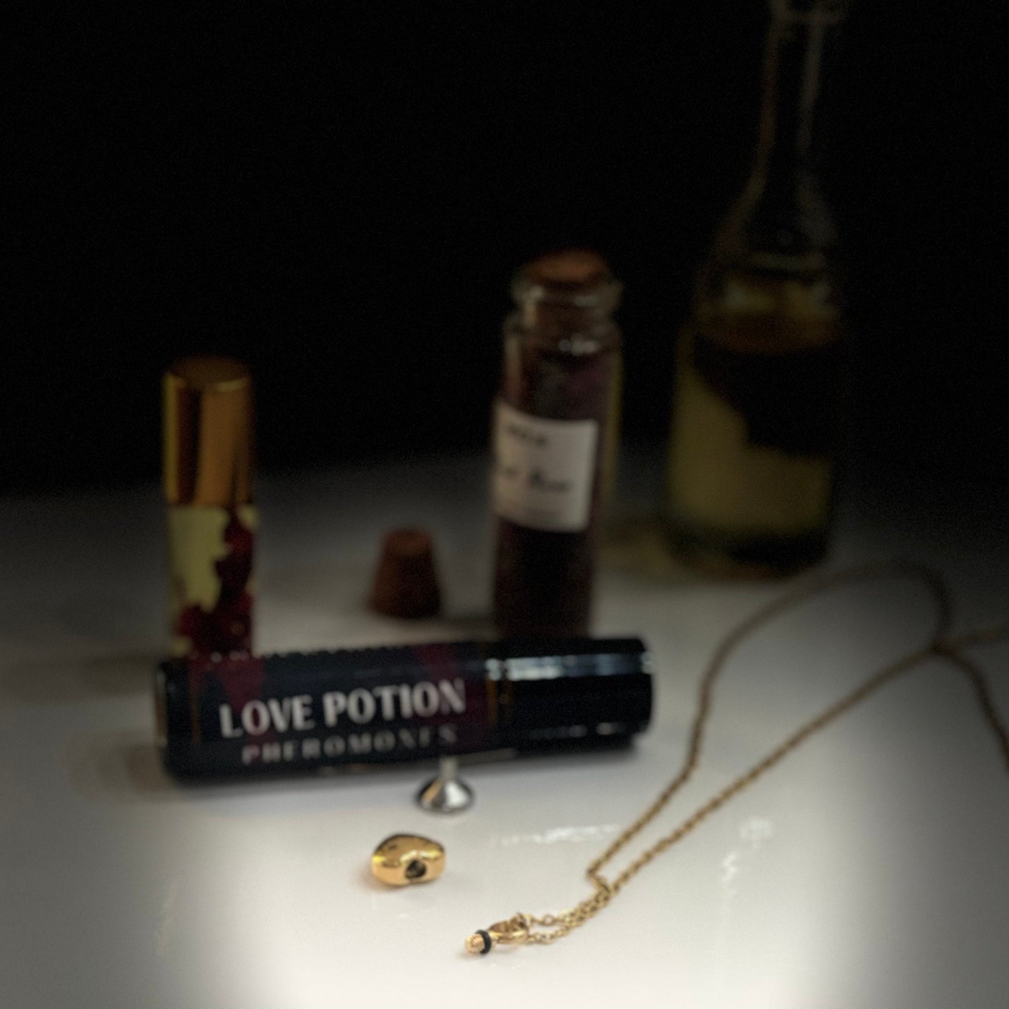 Love Potion Perfume Necklace- Amulet Heart Locket Talisman to Attract Him, Pheromone Oil Ritual Gold Spell Charm, Law of Attraction Manifest