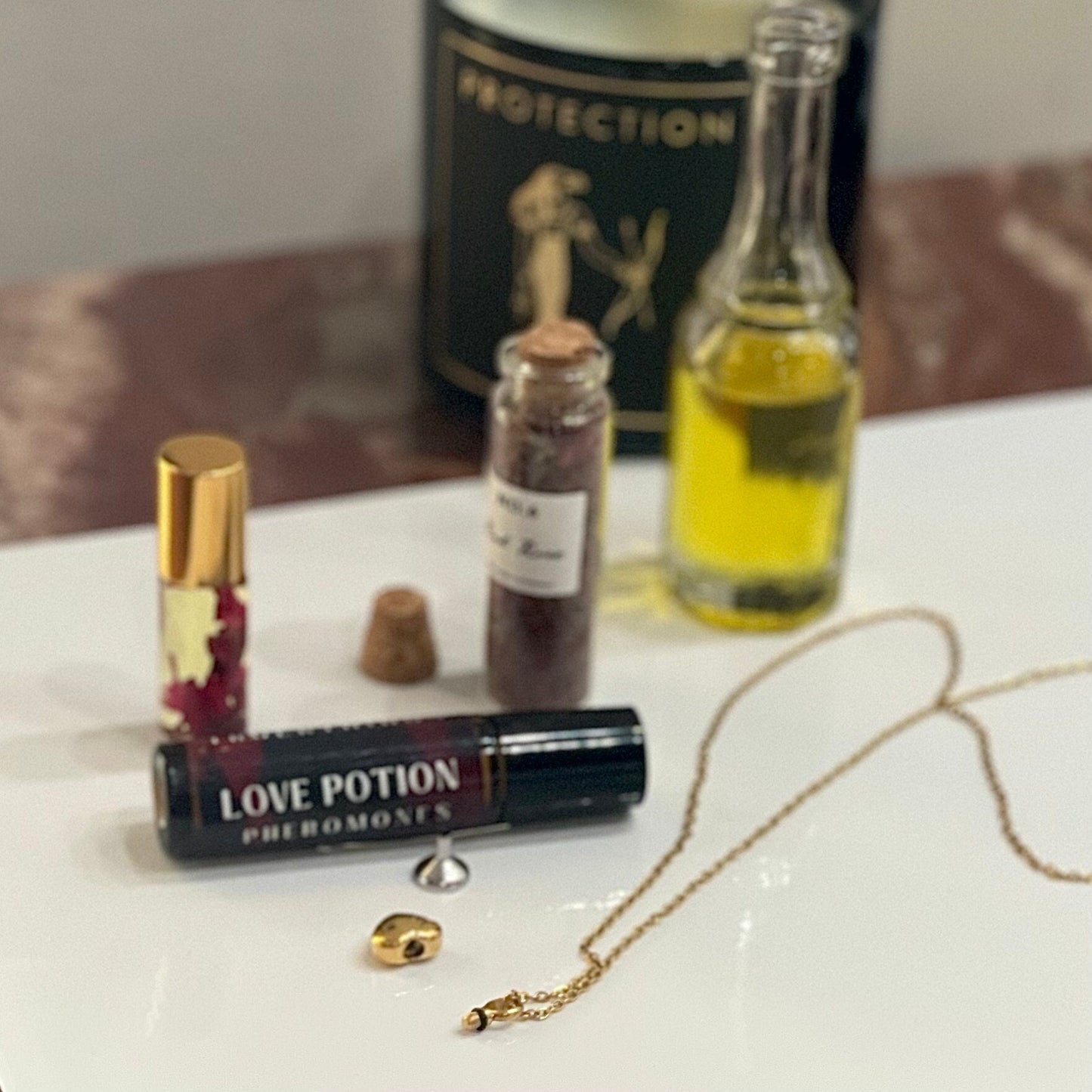 Love Potion Perfume Necklace- Amulet Heart Locket Talisman to Attract Him, Pheromone Oil Ritual Gold Spell Charm, Law of Attraction Manifest