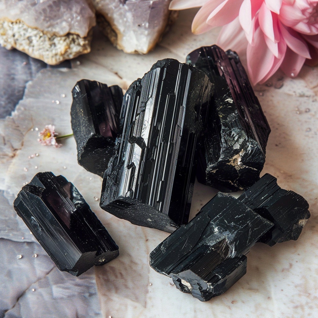 rough black tourmaline crystals, raw, natural for grounding and protection- root chakra