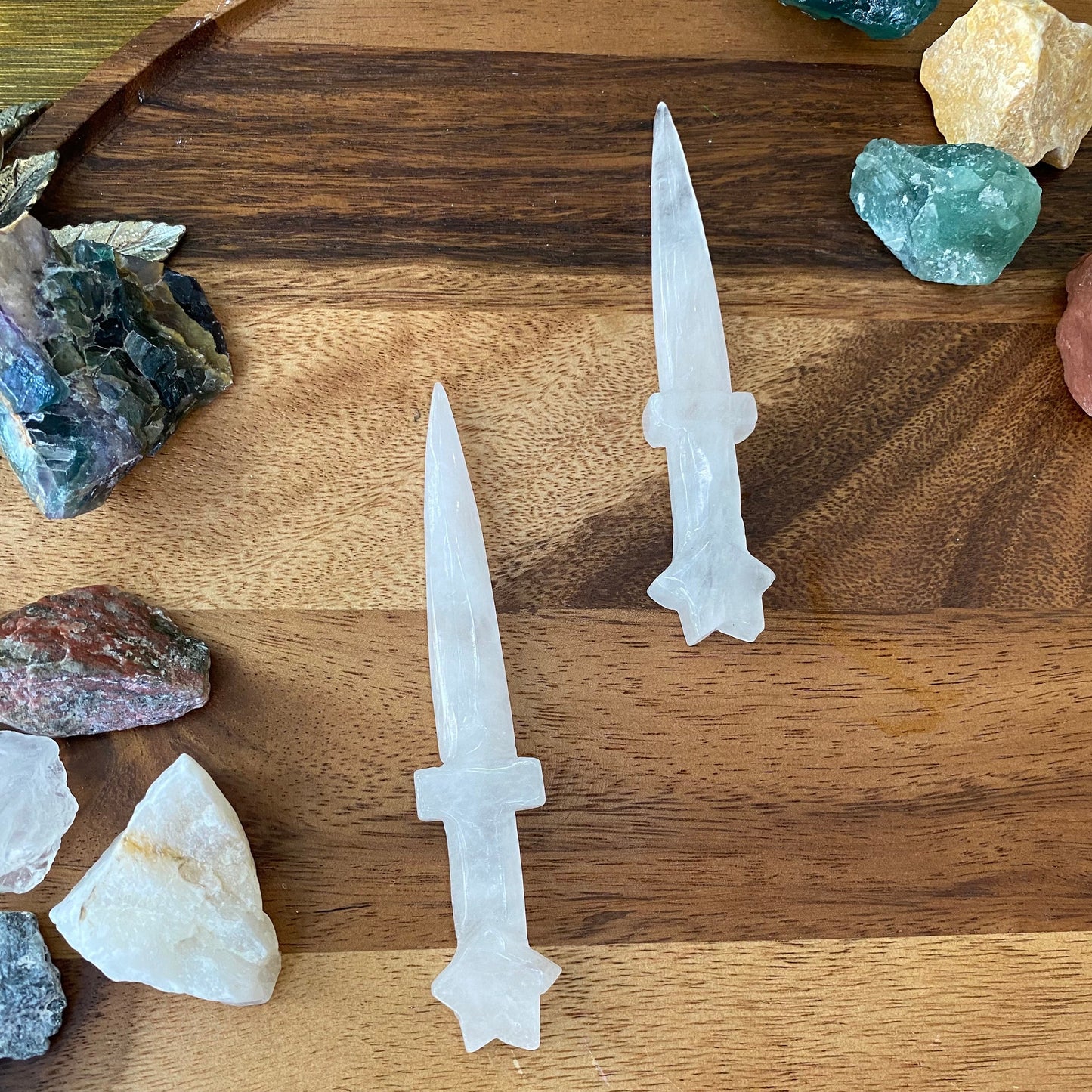 Clear Quartz Crystal Sword, White Selenite Wand & wand stand, witch’s blade, polished carved dagger crystal clear quartz sword handmade