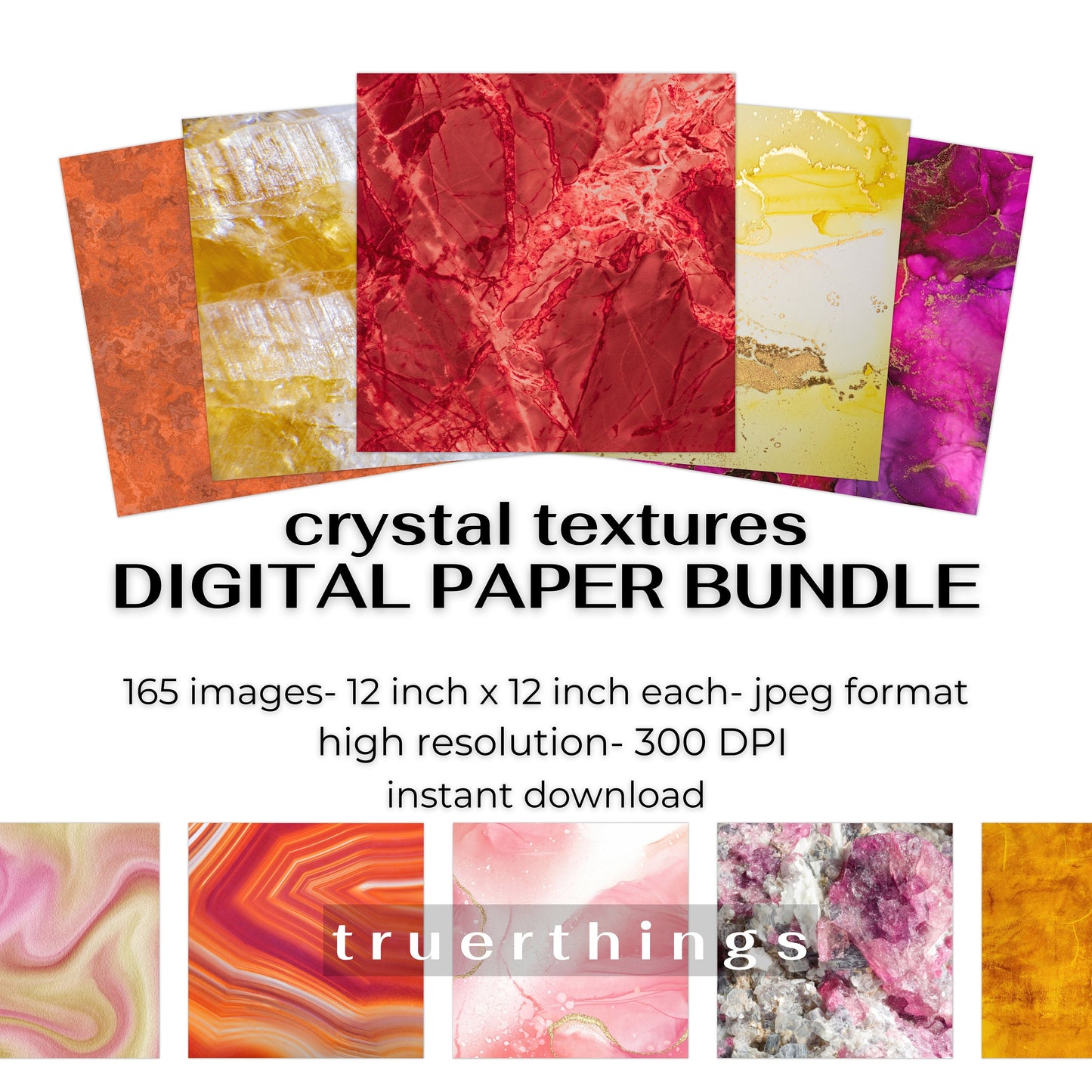 Crystal Printable Paper Textures, Colorful Gemstone Marbled Digital Paper Backgrounds, Rainbow Paper Bundle Junk Journal Textures Scrapbook