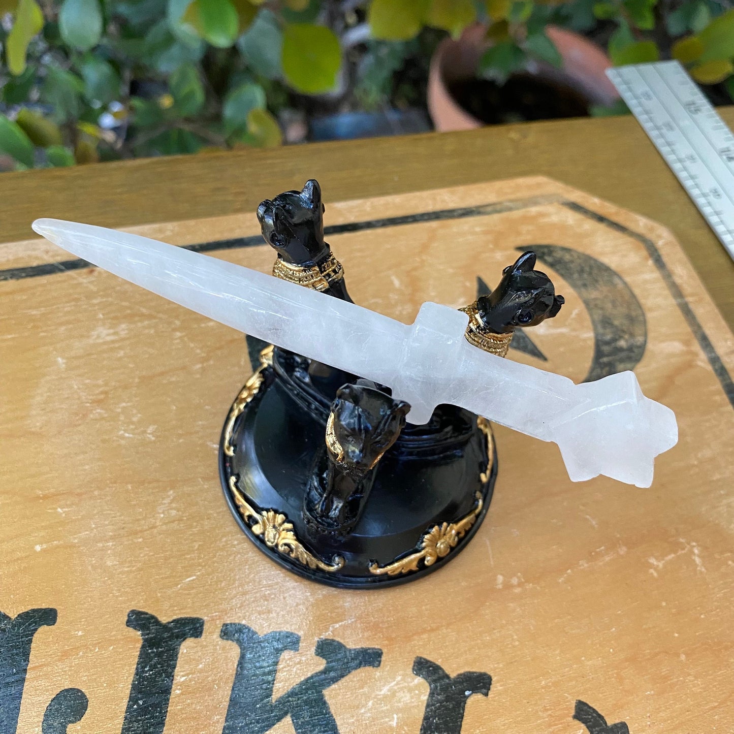 Clear Quartz Crystal Sword, White Selenite Wand & wand stand, witch’s blade, polished carved dagger crystal clear quartz sword handmade