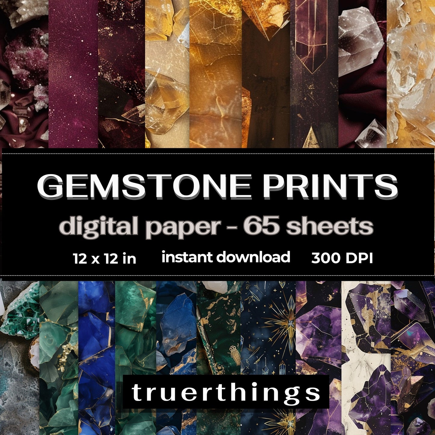 Crystal Seamless Patterns Digital Paper- Gemstone Seamless Prints Digital Download, Rainbow  Backgrounds, Magical Jewel Scrapbooking Bundle