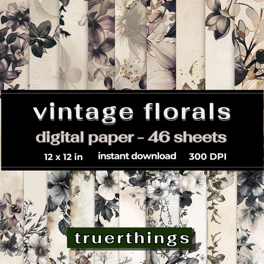 Vintage Florals Digital Paper Bundle Floral Parchment Black Borders Antique Printable Paper Card-making Stationery Vanilla Girl Aesthetic