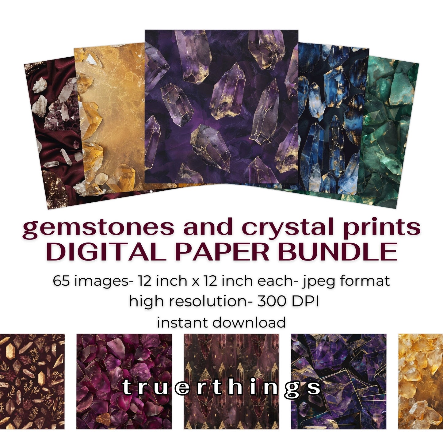 Crystal Seamless Patterns Digital Paper- Gemstone Seamless Prints Digital Download, Rainbow  Backgrounds, Magical Jewel Scrapbooking Bundle