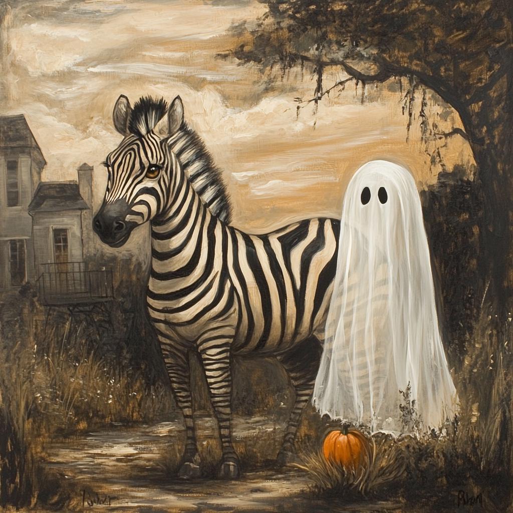 Ghost Zebra Painting Halloween Decor Wall Art Funny Ghost Painting on Canvas with Zebra Safari Halloween Painting