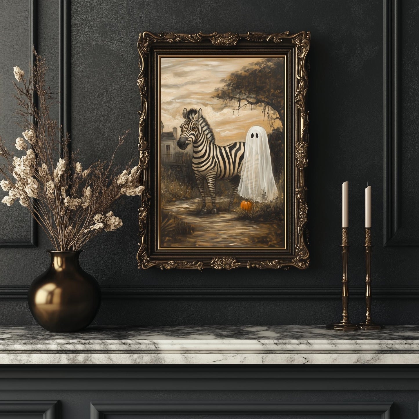 Ghost Zebra Painting Halloween Decor Wall Art Funny Ghost Painting on Canvas with Zebra Safari Halloween Painting