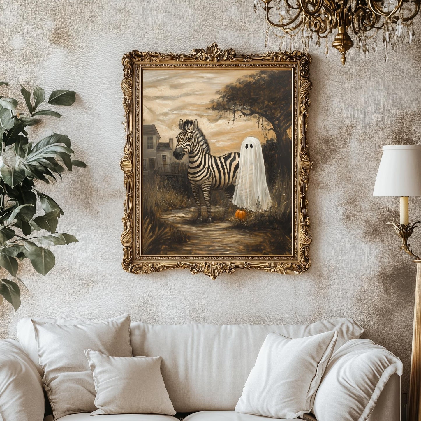 Ghost Zebra Painting Halloween Decor Wall Art Funny Ghost Painting on Canvas with Zebra Safari Halloween Painting