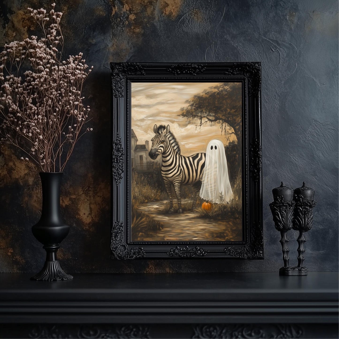 Ghost Zebra Painting Halloween Decor Wall Art Funny Ghost Painting on Canvas with Zebra Safari Halloween Painting