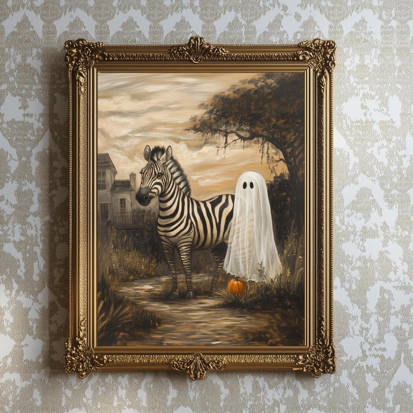 Ghost Zebra Painting Halloween Decor Wall Art Funny Ghost Painting on Canvas with Zebra Safari Halloween Painting