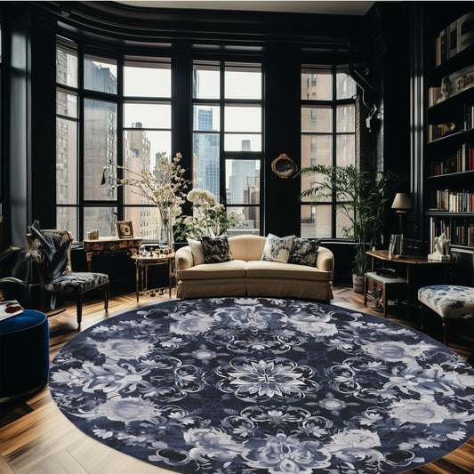 Round Rug 5x5 Blue White Floral Rug Living Room Rug Maximal Eclectic Decor Whimsigoth Cottagecore Dark Academia Flowers Blue White